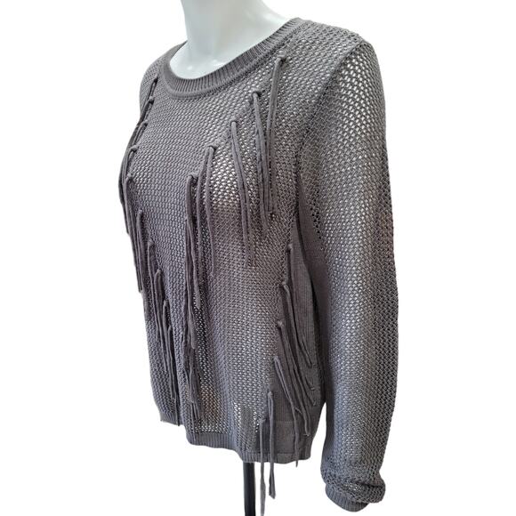New York & Company Gray Fringe Tassel Open Knit Sweater Womens Large Semi Sheer - Picture 8 of 10